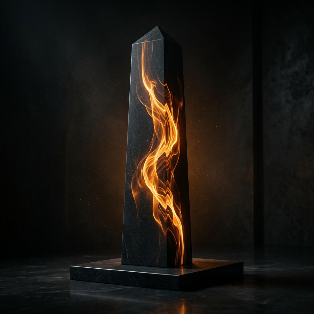 A dark cinematic image of an abstract sleek monolith with glowing amber energy flowing through it.