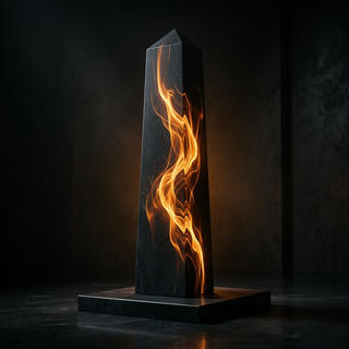 A dark cinematic image of an abstract sleek monolith with glowing amber energy flowing through it.