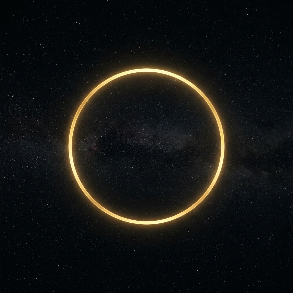 A dark, vast starfield with a perfect, sharp golden geometric circle glowing in the center.