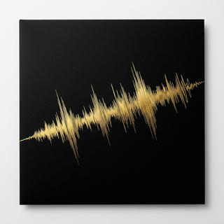 A stark black background with a very sharp, abstract golden oscillating waveform cutting through the darkness.
